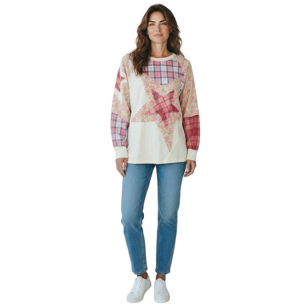 NWT Sage + Fig Women Patchwork Star Mixed Media Top Floral Plaid Long Sleeve Lg